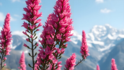 Blooming pink flowers against snow-capped mountains nature scene bright daylight
