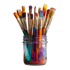 Fototapeta premium Assorted art paint brushes in a glass jar with colorful paint streaks isolated on a transparent background