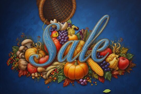 Thanksgiving Sale Cornucopia Illustration. Illustration of an autumn cornucopia for Thanksgiving sale promotions with vibrant fruits and vegetables on a blue background.
