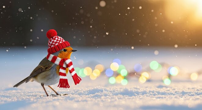 Cute Robin Bird Wearing a Winter Hat and Scarf in the Snow with Bokeh Lights - Powered by Adobe