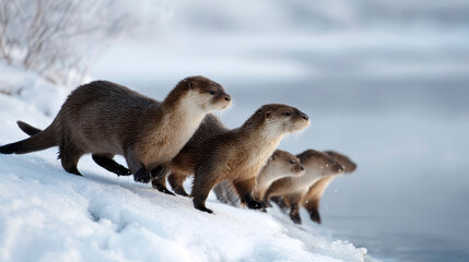Obraz premium A family of otters sliding down a snowy hill into a frozen river, laughing and playing in the wintery landscape
