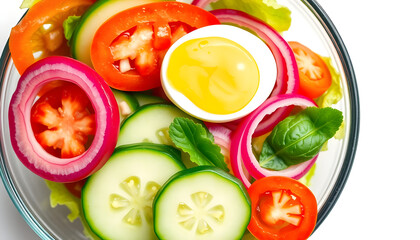 Fresh salad preparation with vegetables and eggs in a bright kitchen setting
