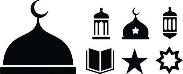 Collection of Islamic Symbols Featuring Mosques, Stars, Crescent Moons, Islamic Books, and Lanterns in Simple Black and White Designs