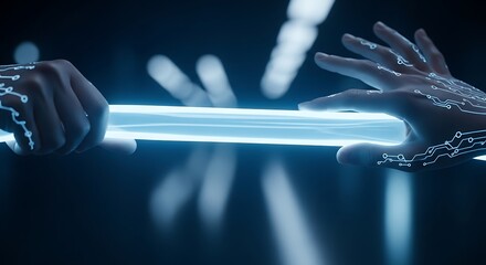 Futuristic Connection: Hands Interacting with Glowing Circuitry, Digital Technology Concept.