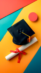Graduation Cap and Diploma on a Colorful Geometric Background. Academic Achievement, Education Concept, Modern Design.