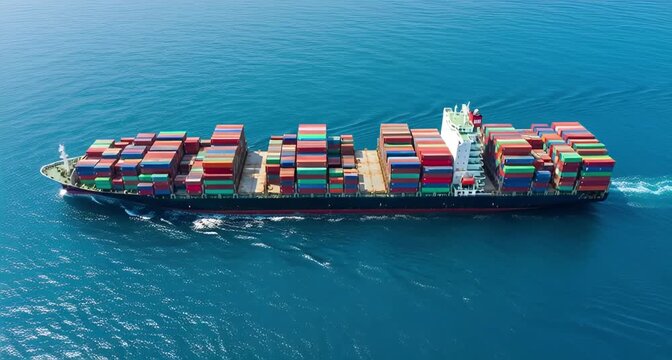 A long container ship loaded with numerous colorful cargo boxes sails on the bright blue sea under a clear sky animated 4k video