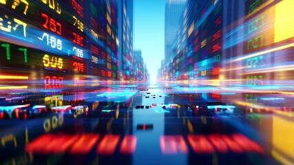 Vibrant Urban Financial Landscape: A Dynamic Display of Stock Market Data with Colorful Ticker Symbols and Light Trails Reflecting on Modern City Streets - Powered by Adobe