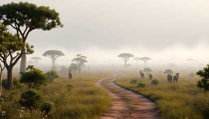 Wildlife grazing along a misty path in african savannah landscape nature photography