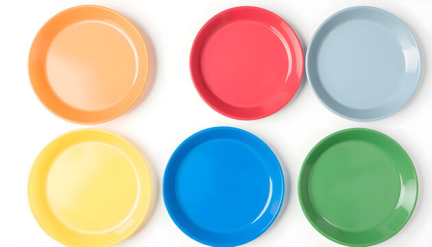 Colorful plates displayed on a table dining room still life bright overhead view