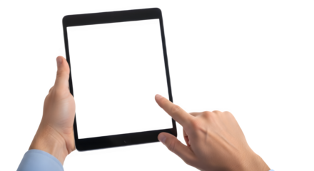 Man's hands holding digital tablet with blank white screen mockup isolated