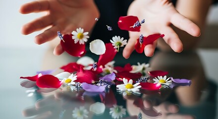 Floating Petals and Flowers: Hands Releasing Floral Beauty, Artistic Composition.