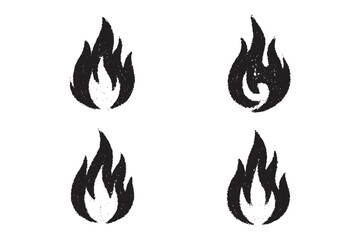 Set of hand drawn fire flames with crayon, pastel, chalk or pencil texture. Grunge elements in sketch style. Yellow vector illustration on a white background.