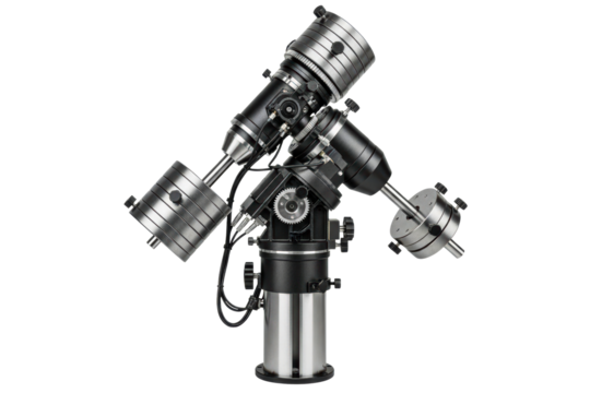 Professional astronomical telescope on an equatorial mount on a transparent background