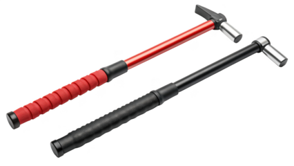 Two riveting hammers isolated on transparent background, red and black handles