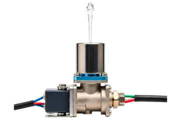 Pneumatic control valve with manual lever and electrical wires on a transparent background