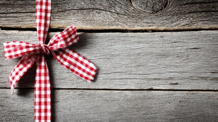 Festive Red Gingham Ribbon on Rustic Wood Background for Holiday, Christmas, or Special Occasion