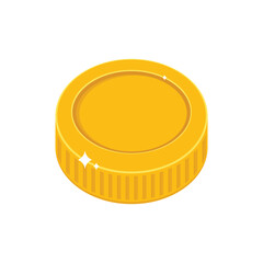 A golden coin on a white background, viewed at an angle with ridges around the edge and sparkles.