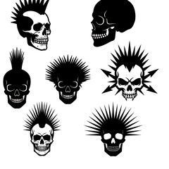 Punk Rock Skulls Vector Set with Mohawks and Spiky Hairstyles