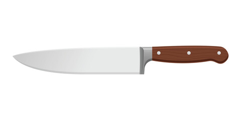 A sharp, silvery blade is mounted into a brown handle with rivets. Essential tool for cooking.