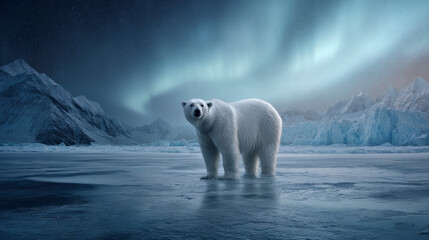 A lone polar bear standing on a frozen lake, surrounded by icy glaciers, with northern lights above