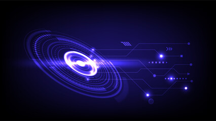 Abstract digital background featuring glowing blue circular interface and data flow lines in hi tech style