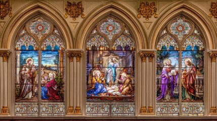 Fototapeta premium Ornate Stained Glass Windows Depicting Biblical Scenes in an Old Church