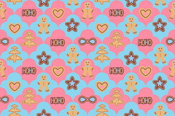 Cute Christmas Gingerbread Cookies seamless pattern.Winter sweet homemade biscuits. Beautiful modern colorful style.New Year ornament background. Design for happy holiday decorate,Xmas festival,trend
