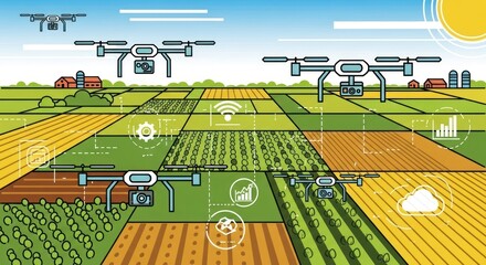 Drone surveillance over expansive agricultural fields reveals diverse crops, grid patterns, and vibrant rural landscape from an elevated perspective.