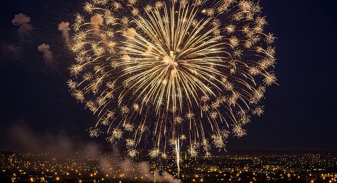 Spectacular Golden Firework Burst Illuminates Night Sky Over City Lights