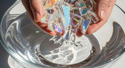 Iridescent Crystal Fragments Pouring into Water, Reflecting Light, Artistic Composition.