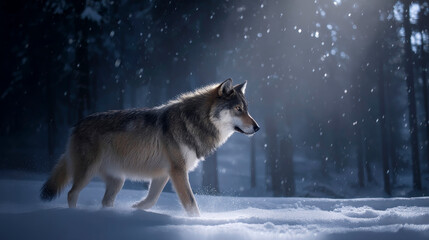Gray wolf in a winter Christmas forest, among snow-covered trees and wildlife