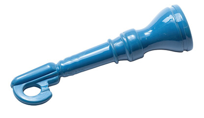 Blue plastic toy key with decorative ridges, facing upwards