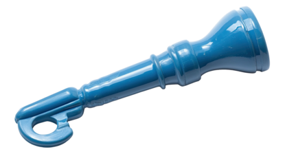 Blue plastic toy key with decorative ridges, facing upwards