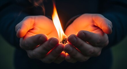 Cupped Hands Holding a Flickering Flame, Warm Glow, Dark Background