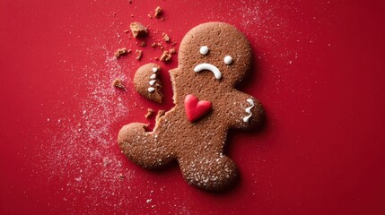 Broken Gingerbread Man Cookie with Sad Face and Red Heart on a Vibrant Red Background