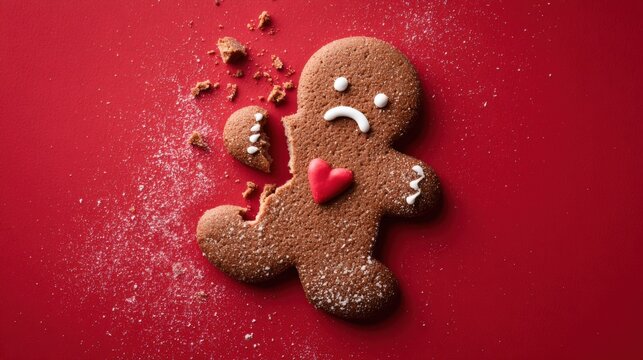 Broken Gingerbread Man Cookie with Sad Face and Red Heart on a Vibrant Red Background - Powered by Adobe