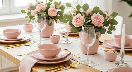 Elegant Pink Table Setting with Floral Centerpieces and Gold Cutlery