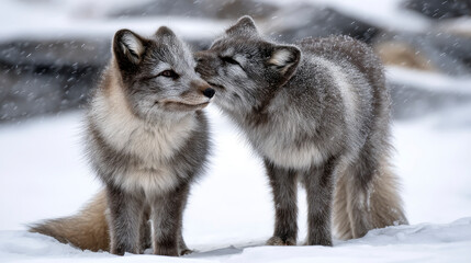Fototapeta premium A pair of arctic foxes playing in the snow, their fur blending with the frozen landscape around them