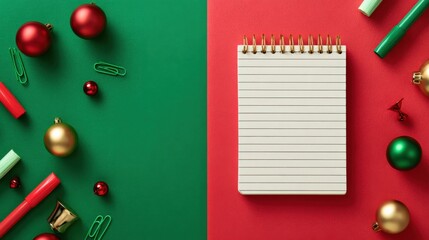Festive Christmas Planning Flat Lay with Notebook and Ornaments on Green and Red Background