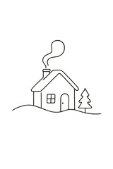 Simple line drawing of a house with chimney and Christmas tree  