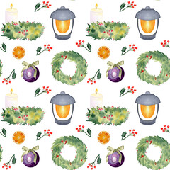 Wreaths, lantern, candle, holly, Christmas ornament, watercolor seamless pattern isolated on white. Perfect for card, textile, stationary, scrapbooking, wrapping paper, festive digital seasonal design © Ekaterina