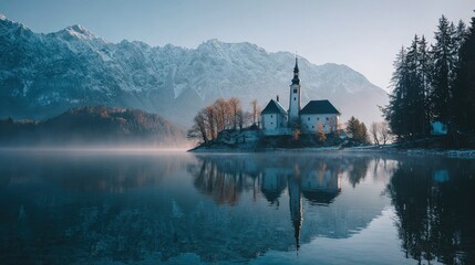 Obraz premium Bled Lake Island Church Reflecting in Calm Water, Mountain Scenery, Slovenia, Morning Light