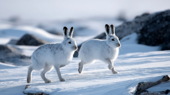 A pair of arctic hares hopping across the tundra, their white coats blending in perfectly with the snow-covered ground