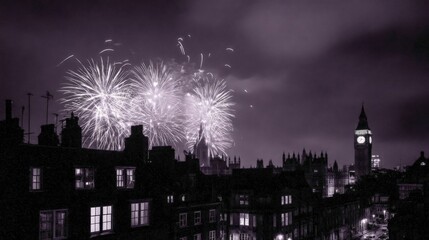Spectacular Fireworks Display Over City Skyline at Night, Celebrating New Year or National Holiday