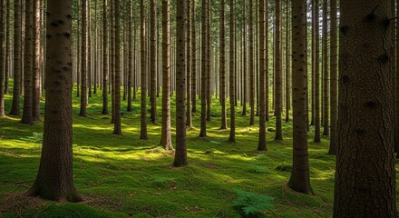 Sunlight Filters Through Tall Trees in a Lush Green Forest