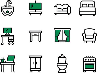 A complete set of household and furniture icons, including kitchen, bathroom, and living room symbols like sofa, toilet, stove, and sink, modern line art vector illustration for real estate design.