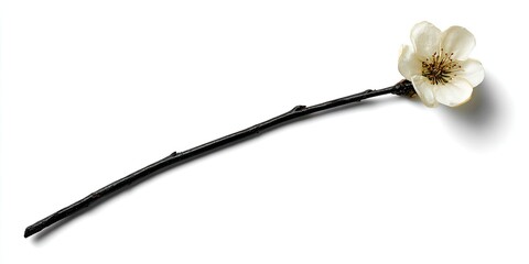 A single delicate white flower on a long dark stem against a white background