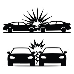 Car Crash Icon Set – Black Accident Symbols on White Background Vector Illustration