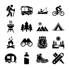 Camping and Outdoor Adventure Icon Set – Tent, Backpack, Campfire, Hiking, Travel, Wilderness Glyph Vector