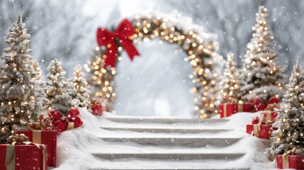 Magical Christmas Scene with Snow Covered Steps, Decorated Archway, and Wrapped Presents, Ideal for Festive Holiday Backdrops